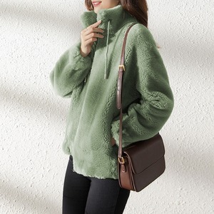 Sweat-shirt cardigan en polaire double face épais pour <span class=keywords><strong>femme</strong></span>, style Ins, hiver, <span class=keywords><strong>crochet</strong></span>é, chaud, col montant, fermeture éclair, <span class=keywords><strong>veste</strong></span> en polaire - Product Image 4