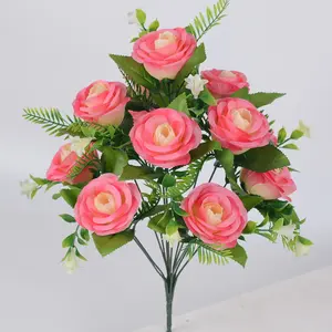Yiwu सस्ते थोक बिक्री के लिए 12 सिर गुलाबी रेशम गुलाब कृत्रिम फूल बुश