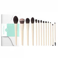 Ensemble de 13 pinceaux de maquillage vegan personnalisés avec logo de marque privée, manche en bois mat, étui en PU beige, pour cadeau d'entreprise