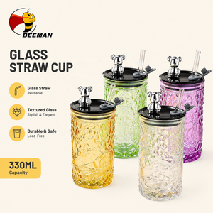 Gelas Sedotan Kaca Beeman 330ml Tumbler Bertekstur, Wadah Minuman <span class=keywords><strong>Reusable</strong></span> Bebas Timbal, Tutup Beruang, Perlengkapan Minuman Dapur, Supplier Grosir OEM - Product Image 1
