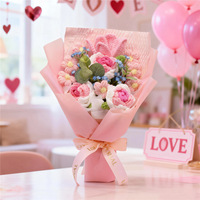 Karangan Bunga Benang Wol dengan Mawar Awet untuk Souvenir Pernikahan, Hadiah Hari Valentine, Hadiah Hari Ibu, Rangkaian Bunga Rajut & Tenun