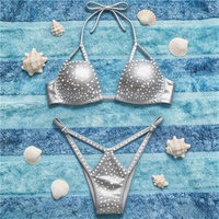 Ensemble bikini 2 pièces personnalisé avec logo, haut dos nu à lacets et bas brésilien grande taille, tenue de danse exotique sexy pour strip-teaseuse