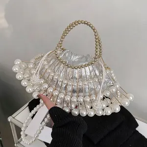 Wholesale Drawstring Opening Women's Pearl Beaded Clutch Evening Handbags for Formal Bridal Chain Large Wedding Clutch Purse