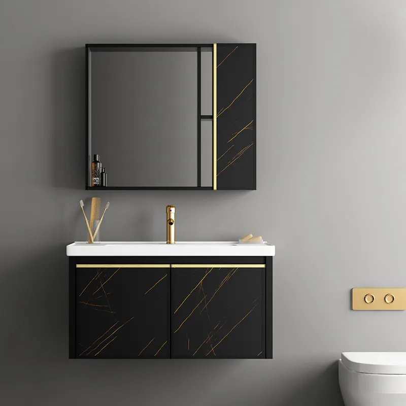 Chaozhou siyah renk alüminyum lavabo dolabı vanity yan dolap ile aynalı dolap modern yeni duvar asılı mounter tasarım vanity