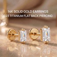 Elegante Piercing de Cartílago Hipoalergénico de Oro Sólido de 14K con Zirconia Rectangular y Poste de Titanio G23, Piedra de 3/4mm