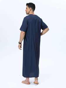 <b>Men's</b> Navy Blue Cotton <b>Thobe</b> Short Sleeve Floor Length Modest Prayer Robe All Seasons Breathable Loose Fit muslim - Product Image 1