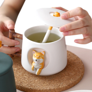 Taza personalizada de alta calidad de 420ml, Taza de cerámica de <span class=keywords><strong>Shiba</strong></span> Inu con tapa y cuchara de regalo para oficina - Product Image 4