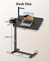 Table de chevet réglable sur roulettes avec hauteur et rotation à 360° °   Table de travail pour ordinateur portable à hauteur réglable pneumatique, bureau debout
