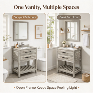 Rustic Wood <b>Bathroom</b> Vanity Two Drawers Open Shelf 30 Rectangle Freestanding Cabinet Mirror Included Painted Finish Easy - Product Image 4