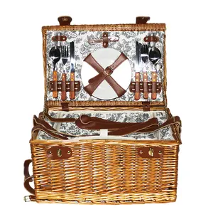 Basket Picnic with lid luxury two servings natural wicker woven folk crafts fixed tableware large picnic basket wicker