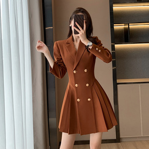 Red Long Sleeve Suit Dress With Gold Buttons Fit And Flare Silhouette For Career Wear - Product Image 3