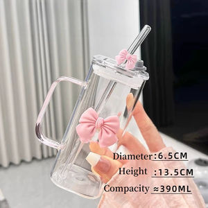 Boogvormige glazen beker Hittebestendig ontwerp Cartoonpatroon Magnetron Vaatwasmachinebestendig Handvat Stro Kinderen Thuisgebruik Zakelijk - Product Image 5