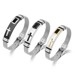Lage Moq Aangepaste Titanium Stalen Sieraden Cross Rvs Verstelbare Mesh Horloge Tie Armband