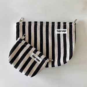 Bolsa de Maquillaje de Lona Personalizada con Cierre, Bolsa de Cosméticos de Viaje con Diseño de Espiga y Rayas - Product Image 6