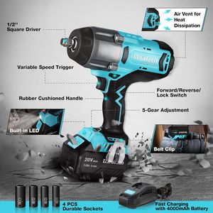 Industrial 1/2 Inch 20V Cordless Impact Wrench 600 Ft-Lbs 5 Settings Brushless Motor Fast Charge 4.0Ah Li-ion <b>Battery</b> Sockets - Product Image 2