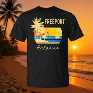 Freeport Bahamas Palm Tree Beach Retro Sunset Surf Camiseta - Product Image 3