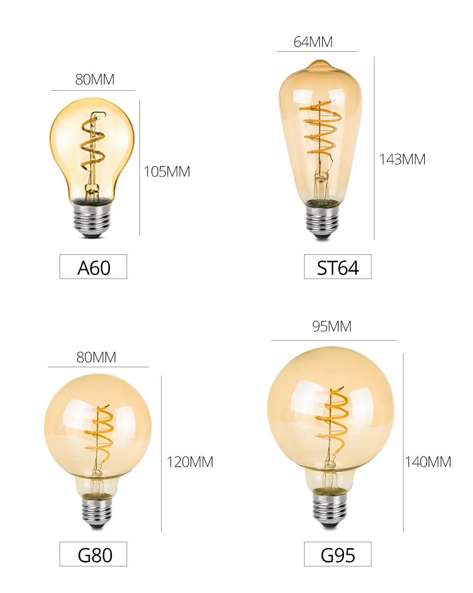 レトロLEDスパイラルフィラメント電球E14E274Wウォームイエロー220VC35 A60 T45 ST64 T10 T185 T225 G80 G95G125ヴィンテージエジソンランプ