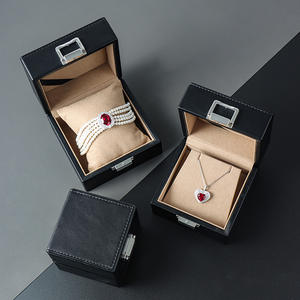 High-end <b>black</b> and brown <b>leather</b> jewelry box for storing diamond and colored gemstone rings and necklaces - in stock now - Product Image 1