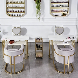Modern Marble Manicure Table Set with <b>Pink</b> Velvet Chair and Gold <b>Frame</b> for Nail Beauty Salon Furniture - Product Image 2