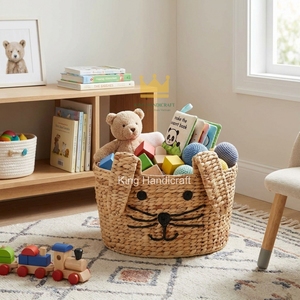 Panier à linge en jacinthe d'eau de haute qualité, en osier, forme d'animal mignon pour chambre d'enfant, organisateur de jouets, couleur naturelle, forme ronde - Product Image 5