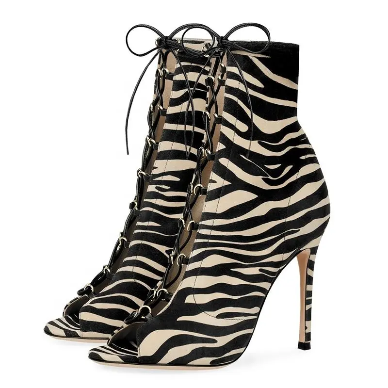 2020 Tailingjia Groothandel Vrouwen Schoenen Sexy Jurk Hakken Zebra Paard Print Faux Suede Hoge Hak Peep Toe Lace Up Grote size