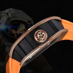 Montre mécanique automatique Mars Dial pour hommes, boîtier en fibre de carbone marron, montre-bracelet de sport de luxe, étanche, bracelet en caoutchouc orange - Product Image 5