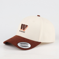 Casquettes de baseball snapback en coton bicolore beige à 6 panneaux avec visière en faux daim et boucle à pression métallique, broderie personnalisée, vente en gros