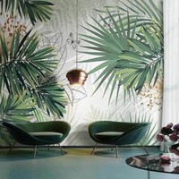 Murale murale tropicale moderne personnalisable avec motif palmier vert et papillon, décoration murale pour salon, bureau, espace commercial, durable
