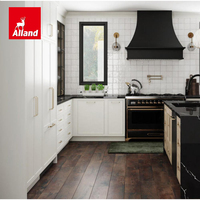 Ensemble d'armoires de cuisine sur mesure Allandcabinet en chêne blanc teinté et peint, style Shaker fin, avec porte vitrée et cadre en aluminium