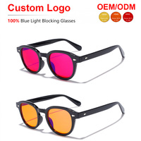Kacamata Anti Cahaya Biru Sunray Bold Thick Round TR Full Rim Frame Lensa Merah Berwarna Rivet Segitiga Bingkai Dalam Merah Unisex OEM