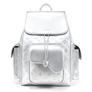 Custom Logo Metallic Silver Embossed High Quality PU Leather <b>Backpack</b> Large Capacity Laptop Travel <b>Backpack</b> - Product Image 1