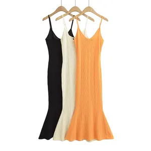 3 Colorway Effen Kleur Oogje Spaghettiband Gebreide Casual Mode Dames Maxi Slip Dress