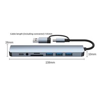 Hub USB double tête 8-en-2 Type C avec lecteur de cartes TF/SD USB 3.0 et audio 3,5 mm pour ordinateur portable