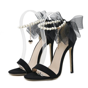 2023 European Street Shoot Style Ribbon <b>Bow</b> Pearl Chain 12cm High Heel <b>Sandals</b> Party Women's High Heel Shoes - Product Image 6