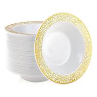 Assiettes et bols élégants et durables en plastique avec bordure dorée percée Vaisselle élégante empilable et incassable pour la maison et les événements