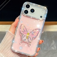 Coque de téléphone portable transparente de luxe avec support papillon scintillant pour iPhone 17 Air 16 15 14 Pro Max, support diamant, protection antichoc PC TPU