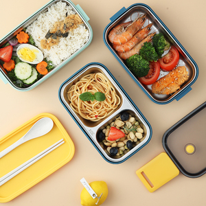 Contenedor de almacenamiento de alimentos de 2 compartimentos, caja Bento portátil de acero inoxidable, PP, fiambrera térmica aislada en capas para niños a prueba de fugas - Product Image 2