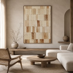 Peintures murales abstraites créatives Wabi Sabi en toile texturée beige, style Japandi, faites à la main, en plâtre 3D - Product Image 1