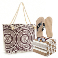 4 pièces bohème Kit de voyage d'été motif géométrique fourre-tout corde poignée tongs lunettes de soleil rayé serviette sac de plage ensemble pour femme