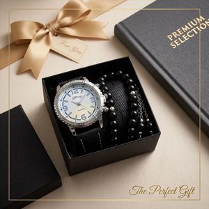Orologio da Polso da <span class=keywords><strong>Uomo</strong></span> all'Ingrosso con Cinturino in Pelle e Cassa in Lega, Set Regalo Promozionale di Moda per <span class=keywords><strong>Uomo</strong></span> con Bracciale a Perline - Product Image 3