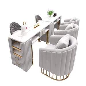 Table de manucure moderne en marbre avec tiroir de rangement et structure métallique – Poste de travail de beauté - Product Image 1