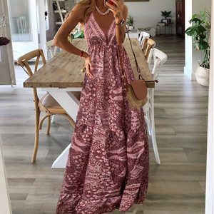 Abito lungo bohémien in chiffon floreale con scollo a V e vita alta, estivo 2023 - Product Image 4