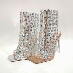 Venta Directa de Fábrica, Zapatos de Tacón Alto Elegantes con Punta Abierta y Pedrería, Botines de Tacón Alto para Mujer, Botas de Lujo con Pedrería - Product Image 3