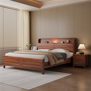 Lit en bois massif en palissandre 1,5 m 1,8 m avec rangement et tête de lit éclairée, mobilier de chambre - Product Image 1