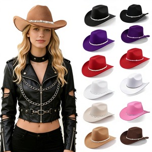 หมวกคาวบอยสไตล์ตะวันตกทำจากขนแกะออสเตรเลียแท้ 100% - หมวกทรงเฟโดราปีกกว้างสำหรับคาวเกิร์ล, สายคาดศีรษะแบบเป<span class=keywords><strong>ล</strong></span>ี่ยนได้ 2 แบบ, สไตล์เอาท์แบ็คแรนเชอร์ - Product Image 1