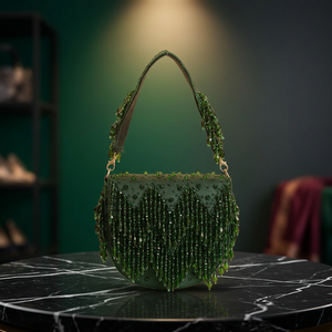 Sac de soirée à rabat de qualité supérieure, bleu, avec franges et accents de perles, fait main, sac à bandoulière, Bright India Exports 1L, écologique - Product Image 3