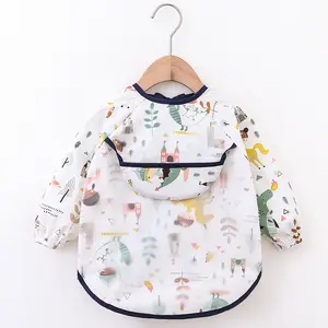 Long sleeves waterproof baby bib with food catcher on the chest safety hook on the back