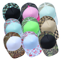 Topi Trucker Jaring Pola Campuran 5 Panel dengan Bagian Depan Busa, Topi Snapback, Topi Baseball Bermotif untuk Pria Wanita, Topi DIY Sublimasi Kustom