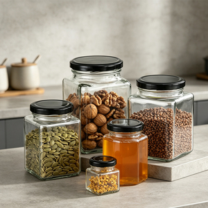 Contenitore <span class=keywords><strong>in</strong></span> <span class=keywords><strong>Vetro</strong></span> Vuoto per Alimenti e Miele, Barattolo Quadrato <span class=keywords><strong>in</strong></span> <span class=keywords><strong>Vetro</strong></span> per Spezie con Coperchi <span class=keywords><strong>in</strong></span> Metallo Nero per Conservazione <span class=keywords><strong>in</strong></span> <span class=keywords><strong>Cucina</strong></span> - Product Image 1