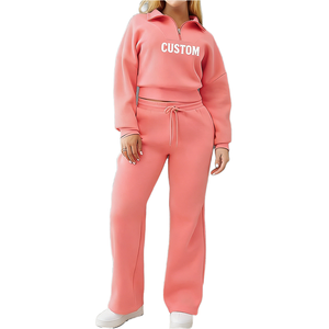Ensemble de survêtement rose personnalisé pour femme avec sweat-shirt court à fermeture éclair et pantalon large à cordon de serrage, ensemble deux pièces élégant - Product Image 1